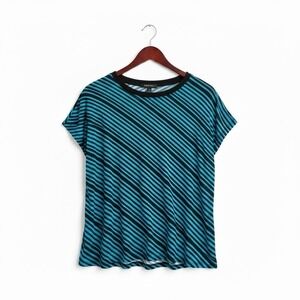 VTG Top 90s Punk Long Tunic Diagonal Striped Large XL Blue Black New Wave Retro‎